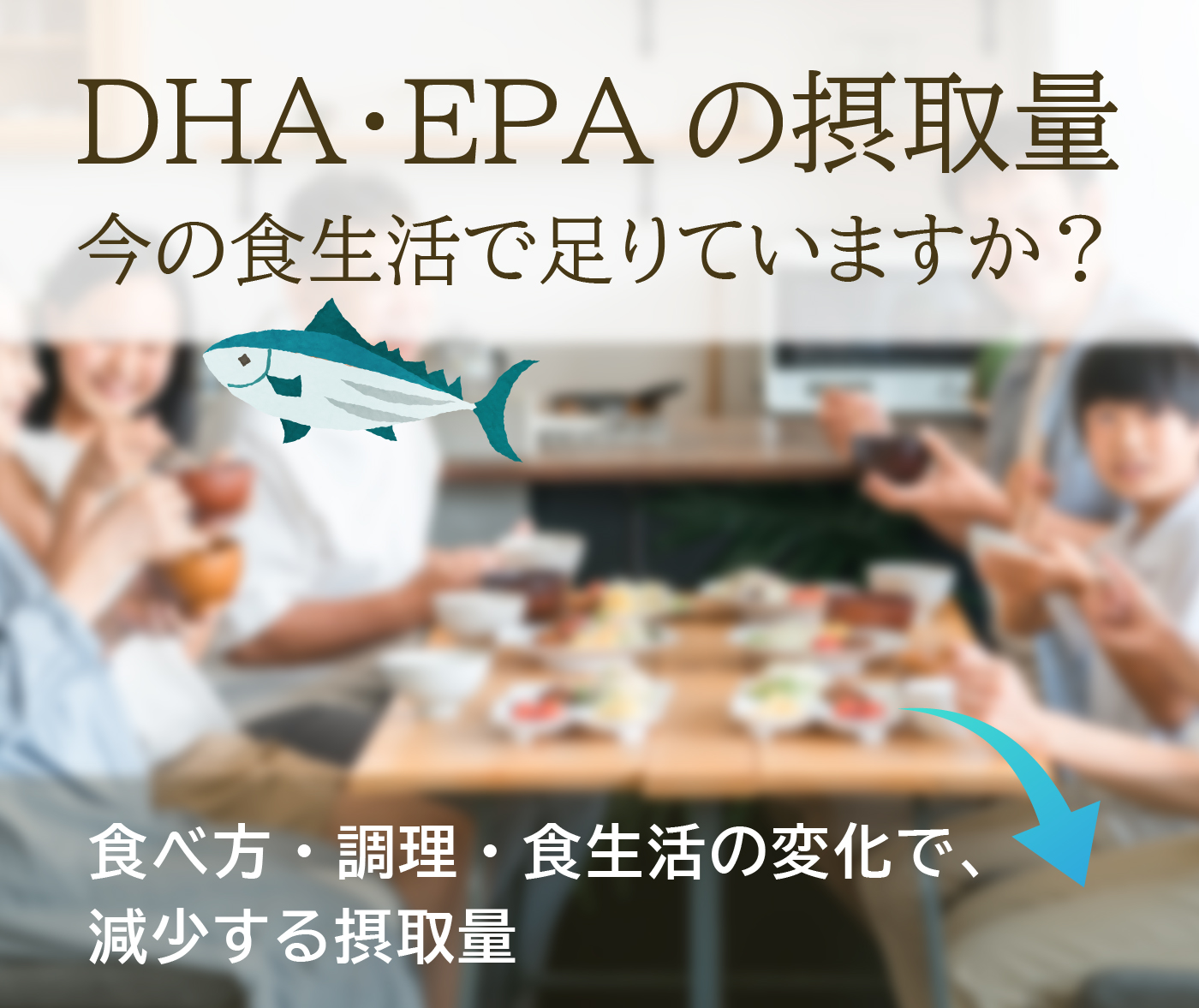 DHA・EPAの摂取量／今の食生活で足りていますか？／食べ方・調理・食生活の変化で減少する摂取量