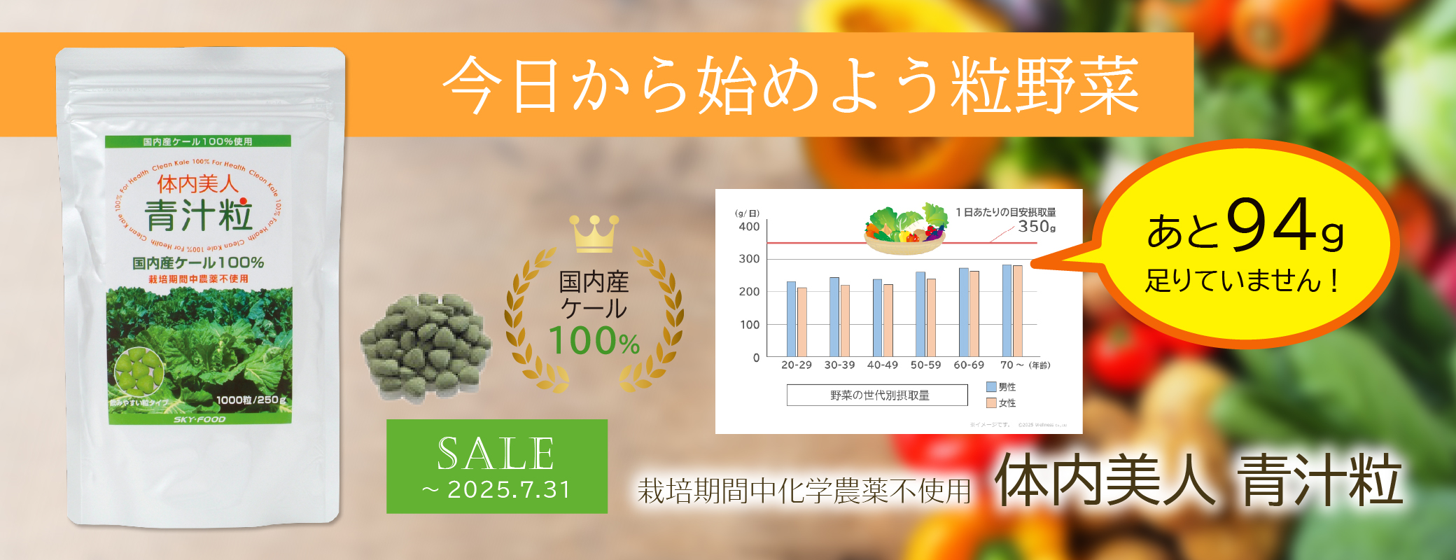 今日から始めよう粒野菜／国内産ケール100％／栽培期間中化学農薬不使用／体内美人青汁粒特価（～7/31まで）