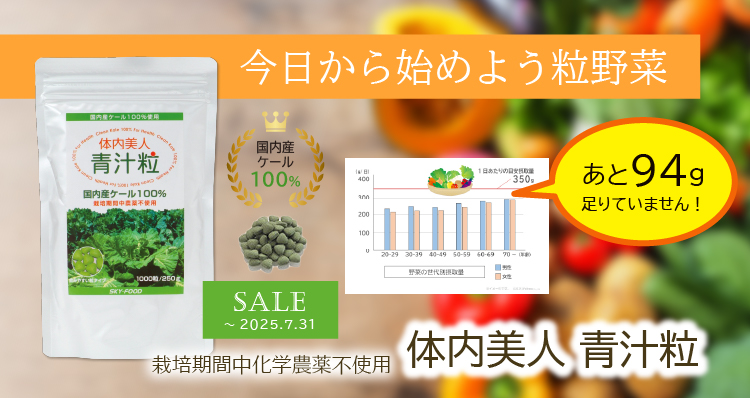 今日から始めよう粒野菜／国内産ケール100％／栽培期間中化学農薬不使用／体内美人青汁粒特価（～7/31まで）