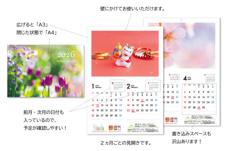 閉じた状態で「A4」
広げると「A3」、壁にかけてお使いいただけます。前月・次月の日付も入っているので、予定が確認しやすい!2ヵ月ごとの見開きです。書き込みスペースも沢山あります!