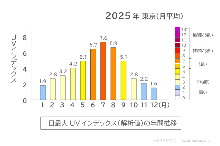 グラフ「日最大UVインデックス（解析値）の年間推移／2025年東京（月平均）
