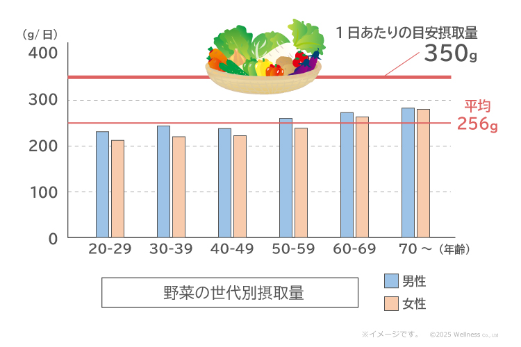 野菜の世代別摂取量のグラフ/一日あたりの目安摂取量は350g