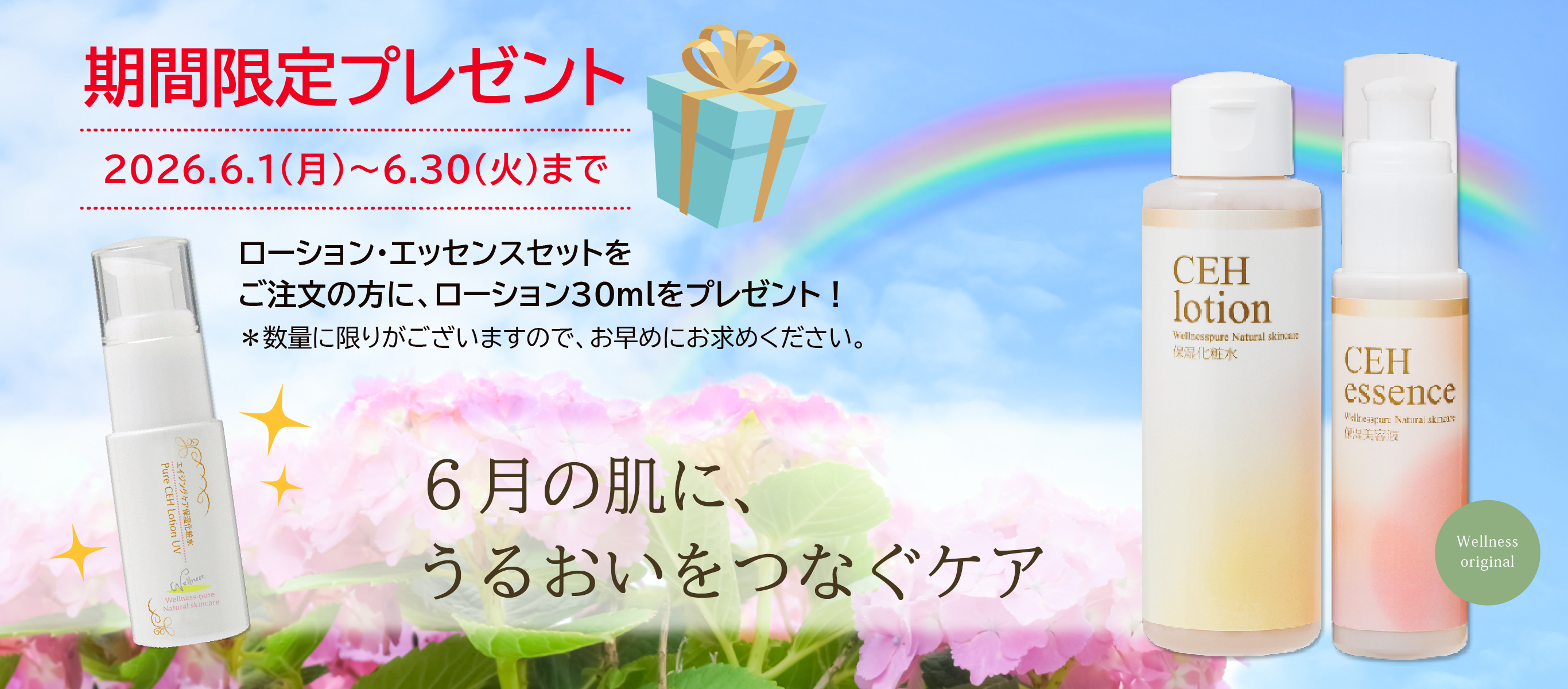 6月の肌にうるおいをつなぐケア／期間限定プレゼント（2026.06.01～06.30）／ローション・エッセンスセットをご注文の方に、ローション30mlをプレゼント！＊数量に限りがございますのでお早めにお求めください